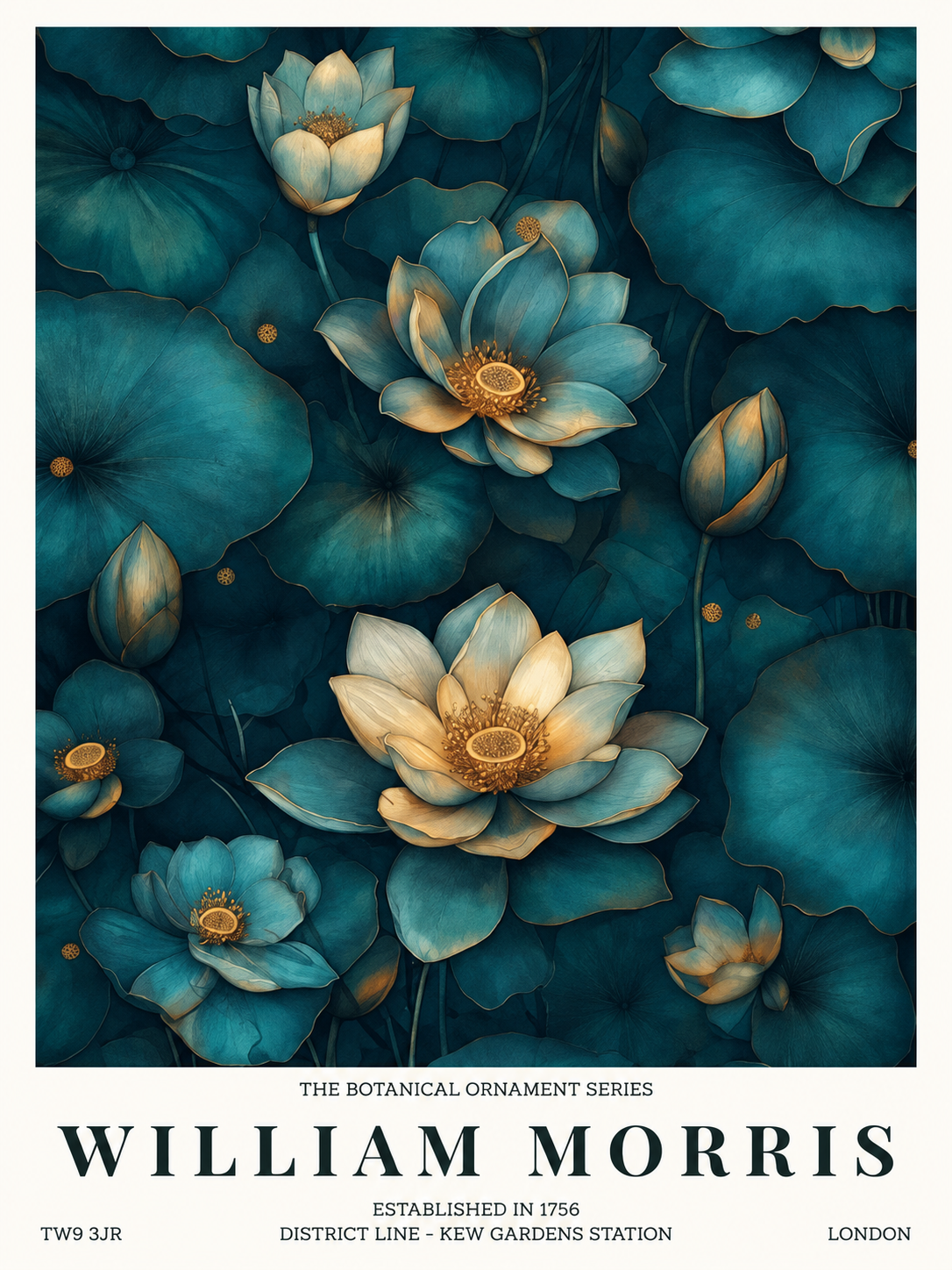 Mariposa Azul y Coral, lámina decorativa inspirada en William Morris