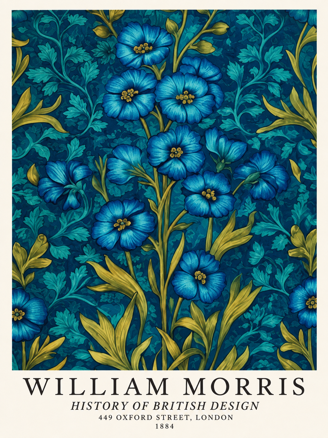 Flores Tropicales Azules, lámina decorativa inspirada en William Morris
