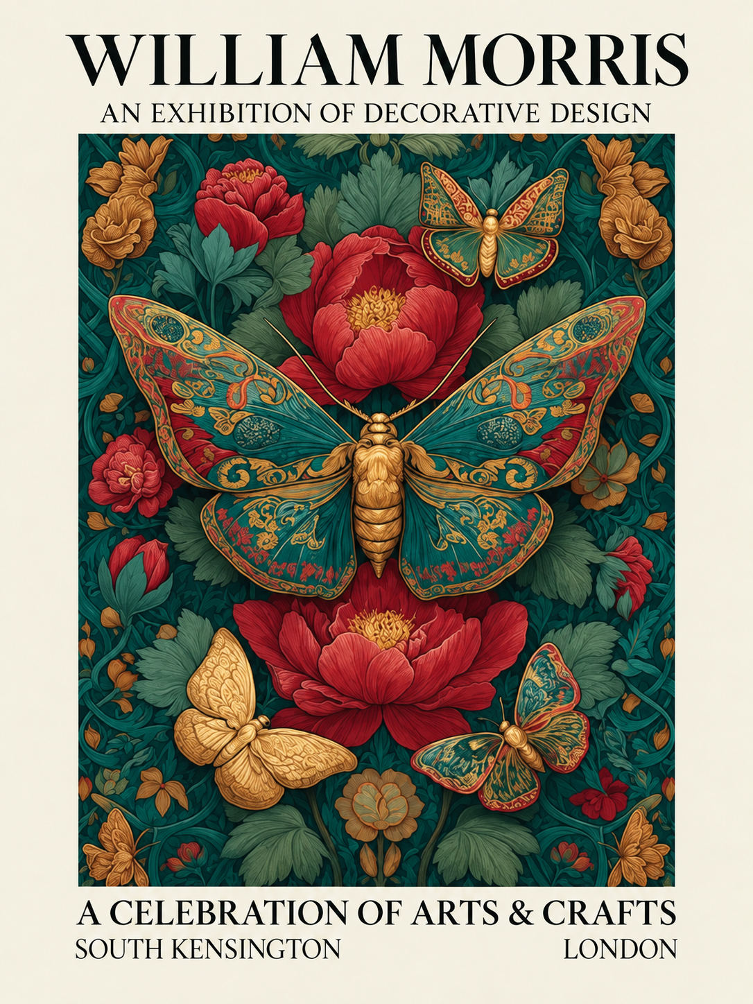 Flores Coral y Azul, lámina decorativa inspirada en William Morris