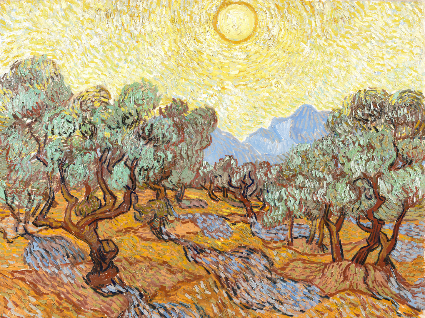 Olivos con cielo amarillo y sol - Vincent van Gogh