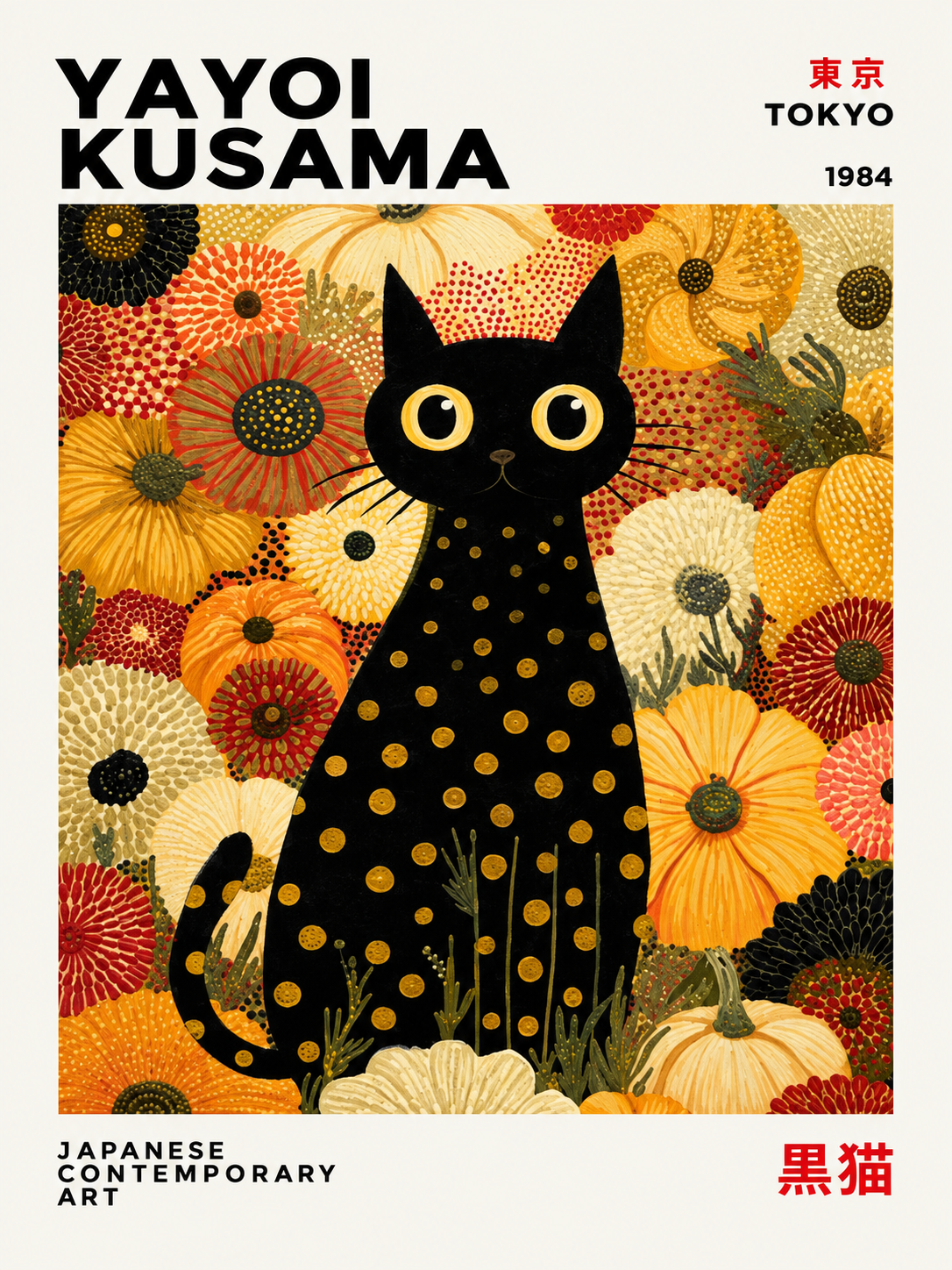 Yayoi Kusama — Gato negro y flores